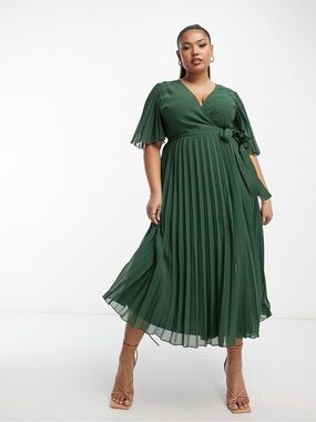 ASOS Curve Forest Green Pleated Wrap Midi Dress